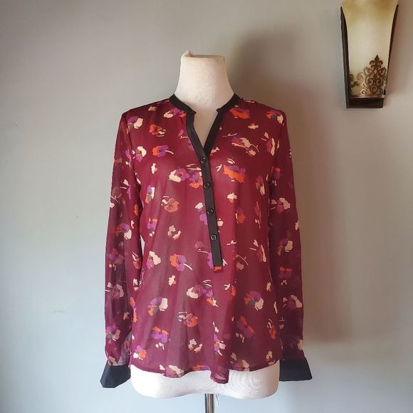 Piper Women's sz 8 Sheer Wine Colored  Floral Print Blouse Black trim - Picture 1 of 8